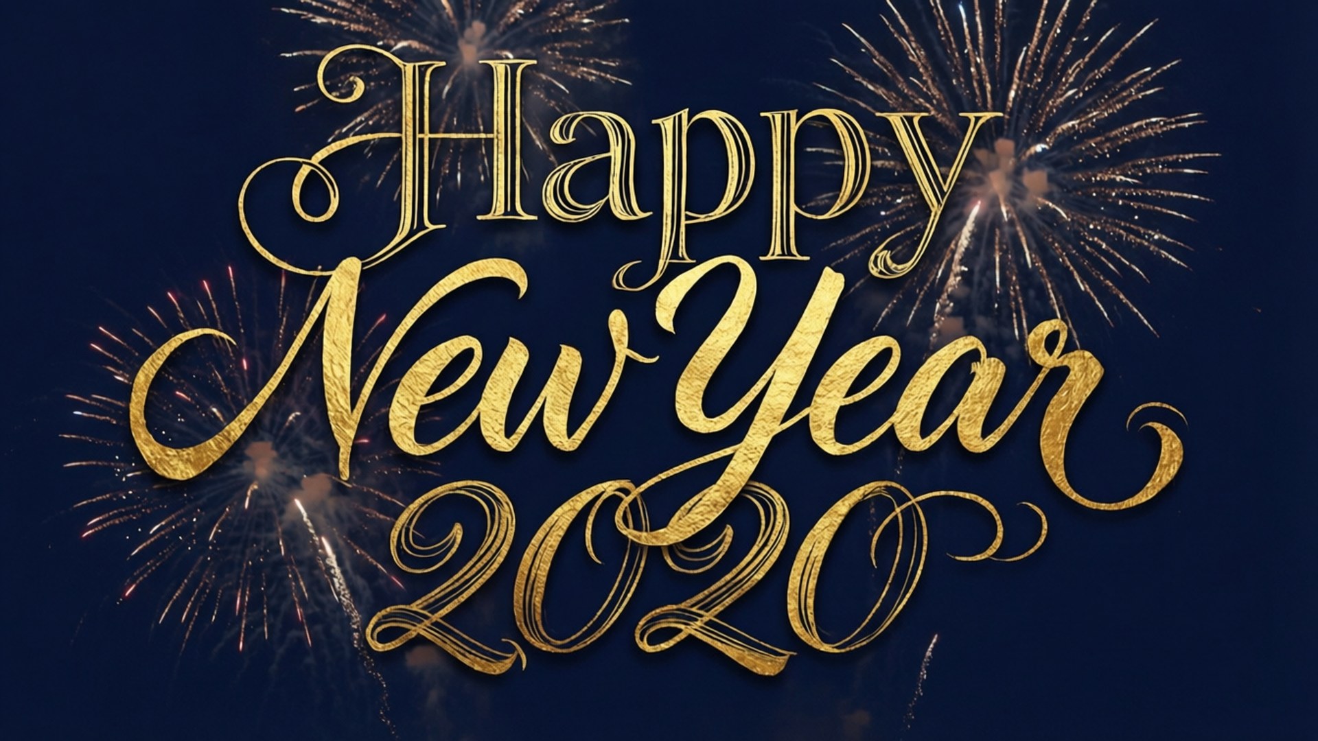 Typography 2020 Gold 壁紙 — 金色草書 'Happy New Year 2020' 文字在深藍色天空中閃爍，伴隨著璀璨煙火。