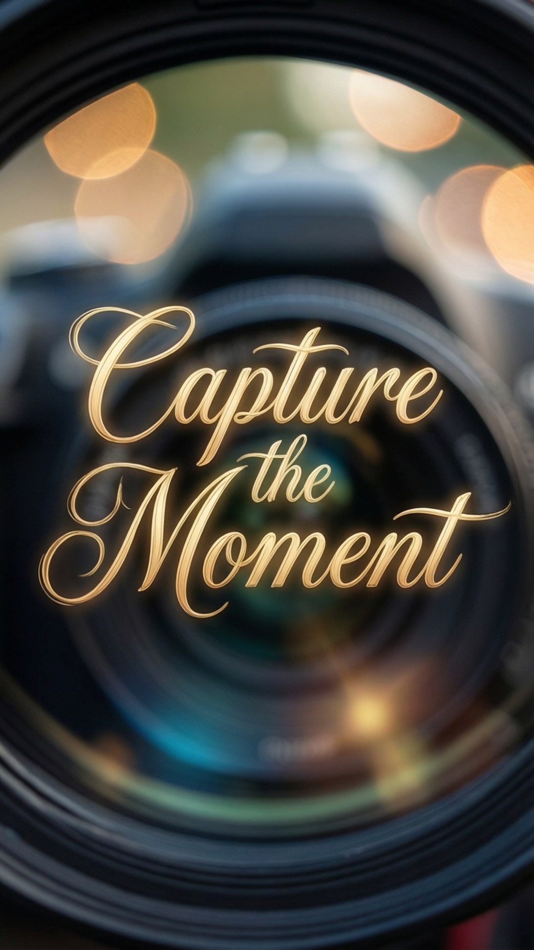 Capture the Moment Quote 壁紙 — 金色草書文字在相機鏡頭中央顯示「capture the moment」，並帶有散景燈光和藍色鏡頭光暈。
