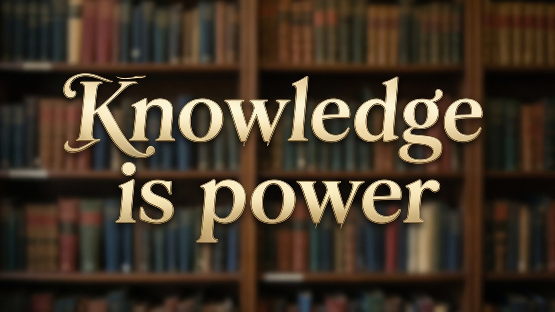 書桌 桌布 壁紙 — 金色襯線字體 'Knowledge is power' 漂浮在一個模糊的書架上，書架擺滿了色彩繽紛的復古書籍。