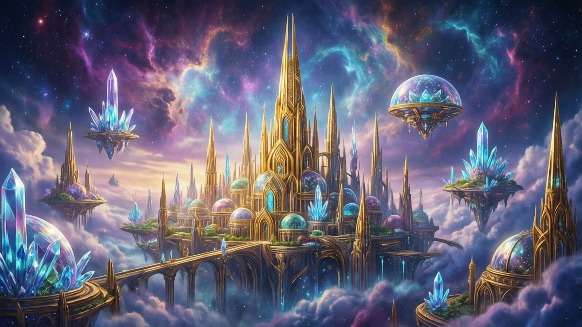 Celestial City in the Clouds 壁紙 — 一座金色大教堂城市漂浮在旋轉的宇宙雲層中，閃爍的藍色水晶尖塔和圓頂在充滿活力的星雲天空下。