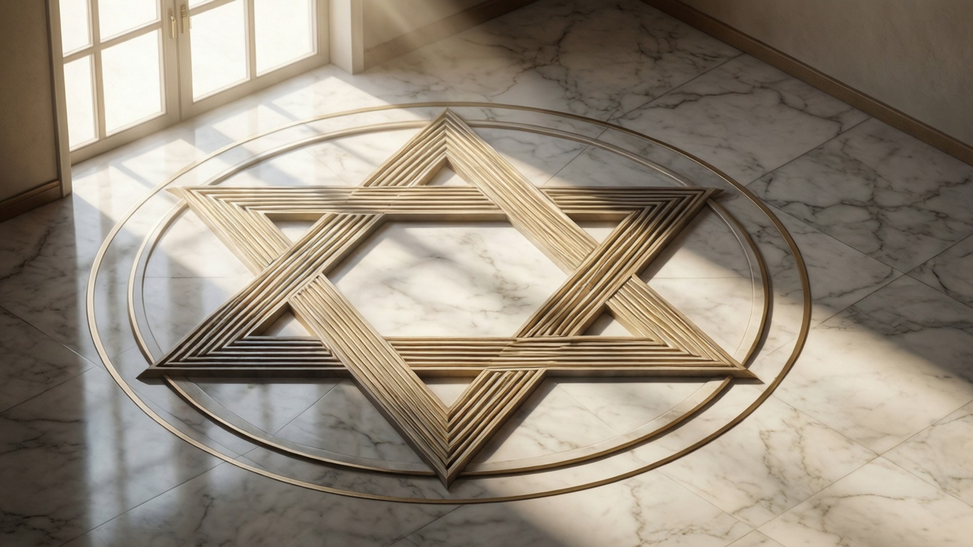 Star Of David 桌布 壁紙 — 金色大衛之星鑲嵌在大理石地板上，沐浴在窗戶的自然光中。