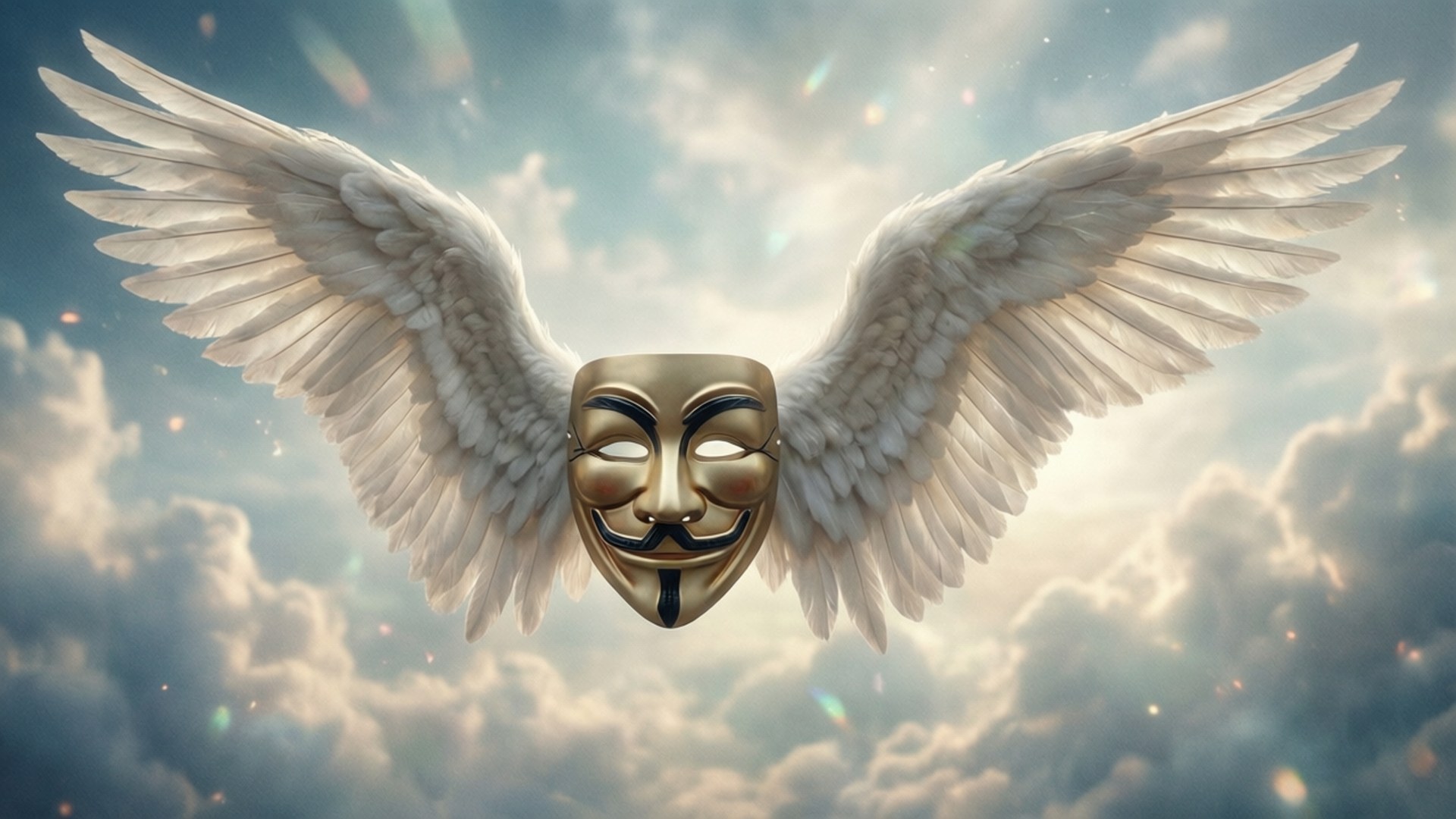 Wings of Anonymity 壁紙 — 一個金色的蓋伊·福克斯面具，帶有巨大的白色天使翅膀，在陽光明媚的多雲天空中翱翔。
