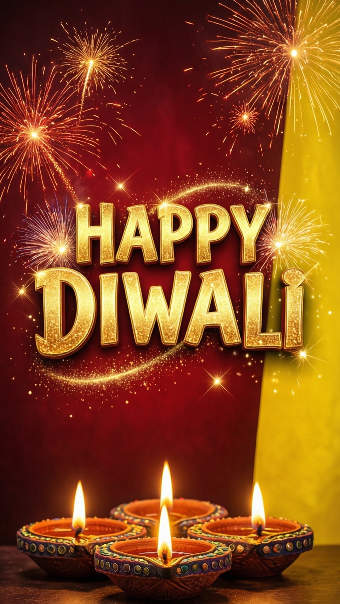 Diwali Celebration Poster 壁紙 — 金色的「Happy Diwali」文字在紅色背景上發光，伴隨煙火，下方有點燃的油燈。