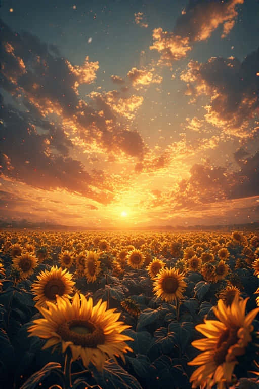 向日葵向著發光的夕陽伸展，上方有橙色的雲朵。 — 日落 壁紙