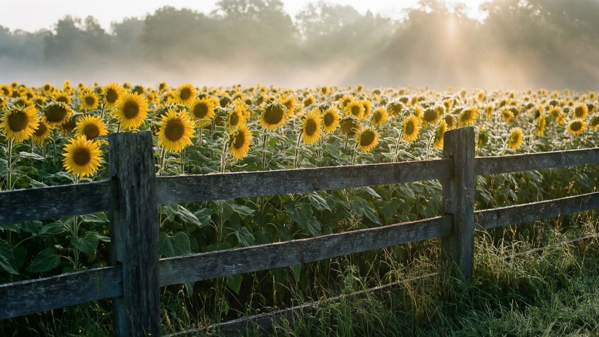 Misty Morning Fence 壁紙 — 金色的向日葵在飽經風霜的木柵欄後盛開，晨霧和陽光灑滿田野。