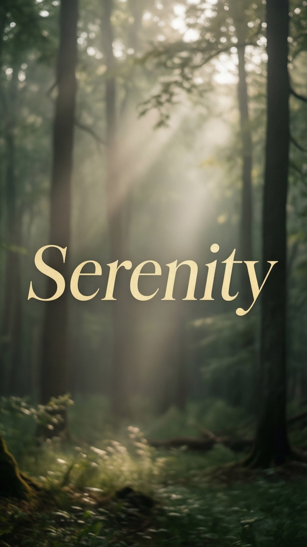 Serenity Forest 壁紙 — 金色的陽光穿過高大的樹木，照進霧氣瀰漫的森林，其中「serenity」這個字柔和地發光。