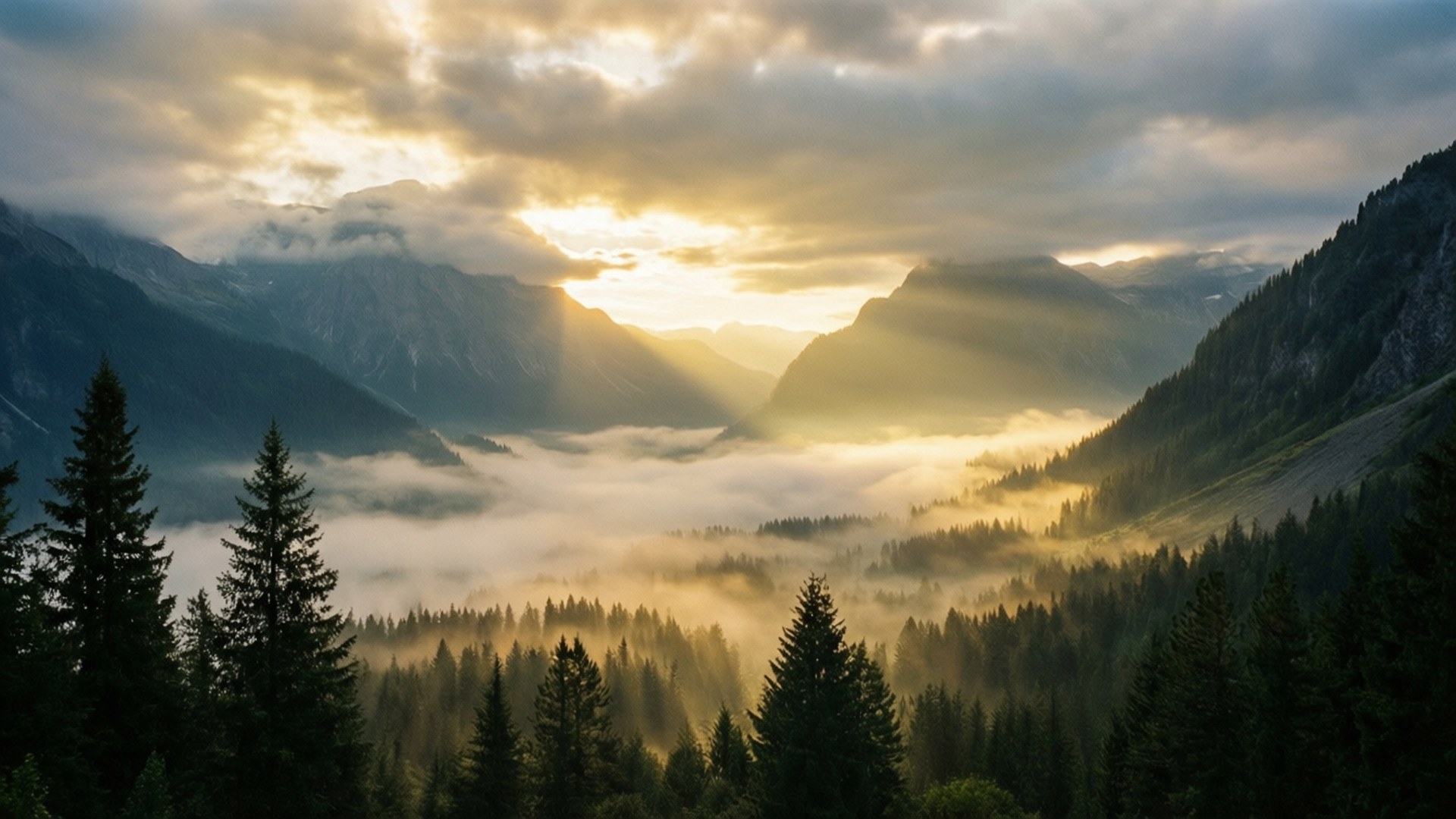 Live Mountain Dawn 壁紙 — 金色的陽光穿過雲層，照在坐落在高聳森林覆蓋的山脈之間的霧氣山谷上。