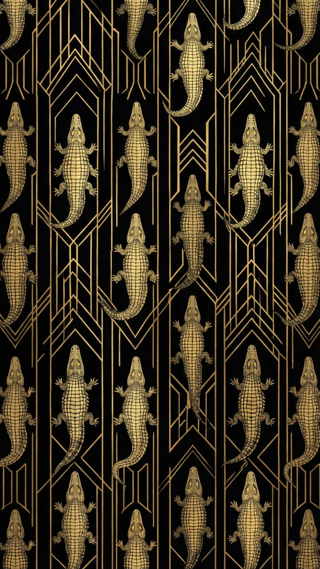 Gold Alligator Art Deco 壁紙 — 金色鱷魚在幾何裝飾藝術圖案中垂直重複在黑色壁紙背景上。