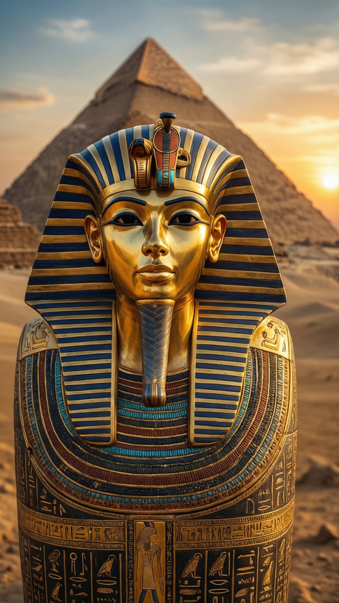 Pharaoh's Golden Mask 壁紙 — 金色法老王面具，帶有藍色條紋和象形文字，矗立在日落時分的金字塔前。