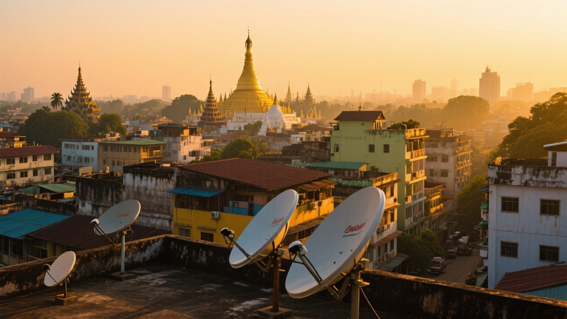 Yangon Rooftop View 壁紙 — 金色佛塔在日出時從密集的城市天際線升起，前景屋頂上立著衛星天線。