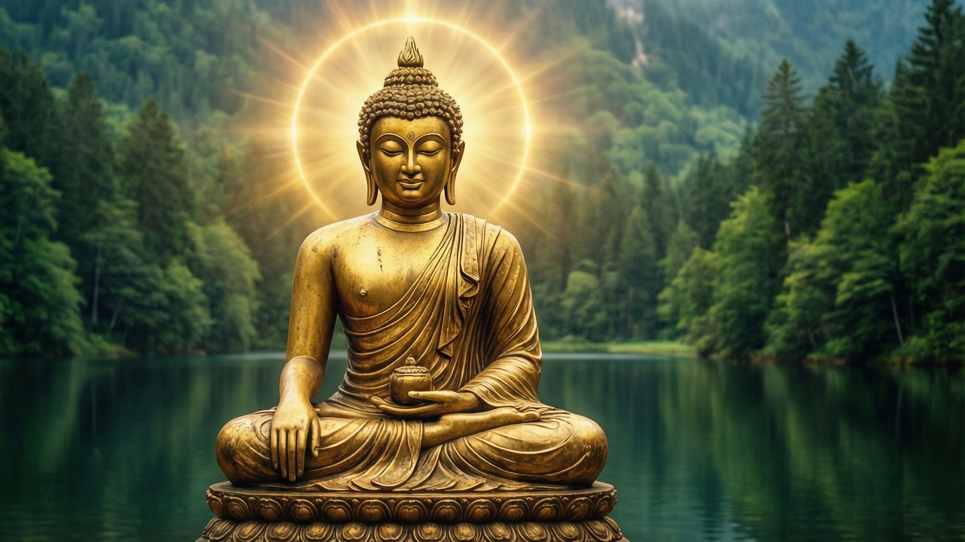Golden Buddha in Nature 壁紙 — 金色佛像在湖邊基座上靜謐冥想，散發著光芒，周圍是茂密的綠色森林。