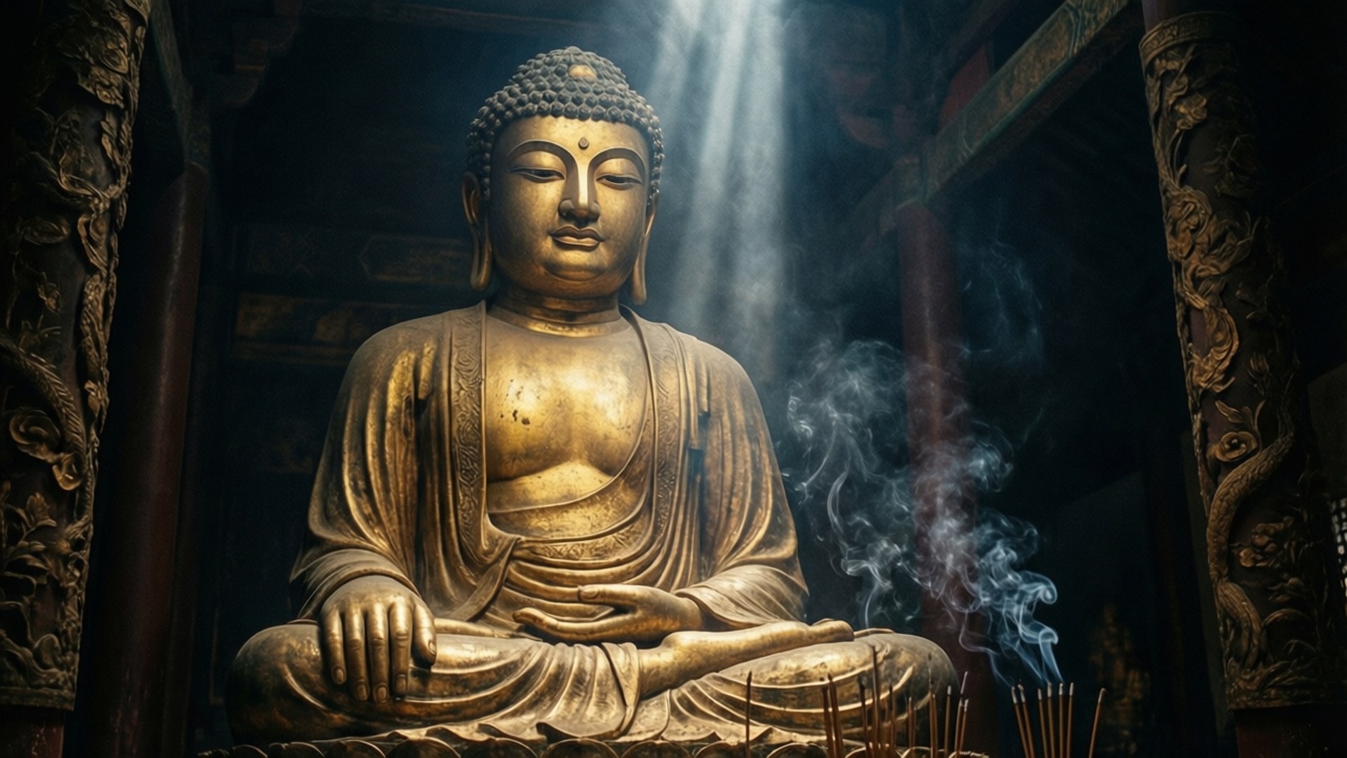 Buddha in Temple Light 壁紙 — 金色佛像在寺廟中靜坐，陽光灑落，香煙繚繞其形。