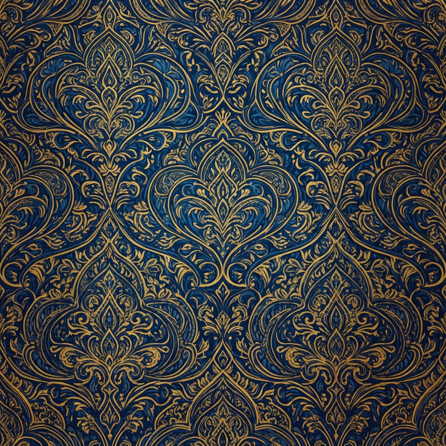 藍金阿拉伯花紋 壁紙 — 金色和深藍色的優雅大馬士革圖案，表面重複著複雜的花卉和藤蔓圖案。