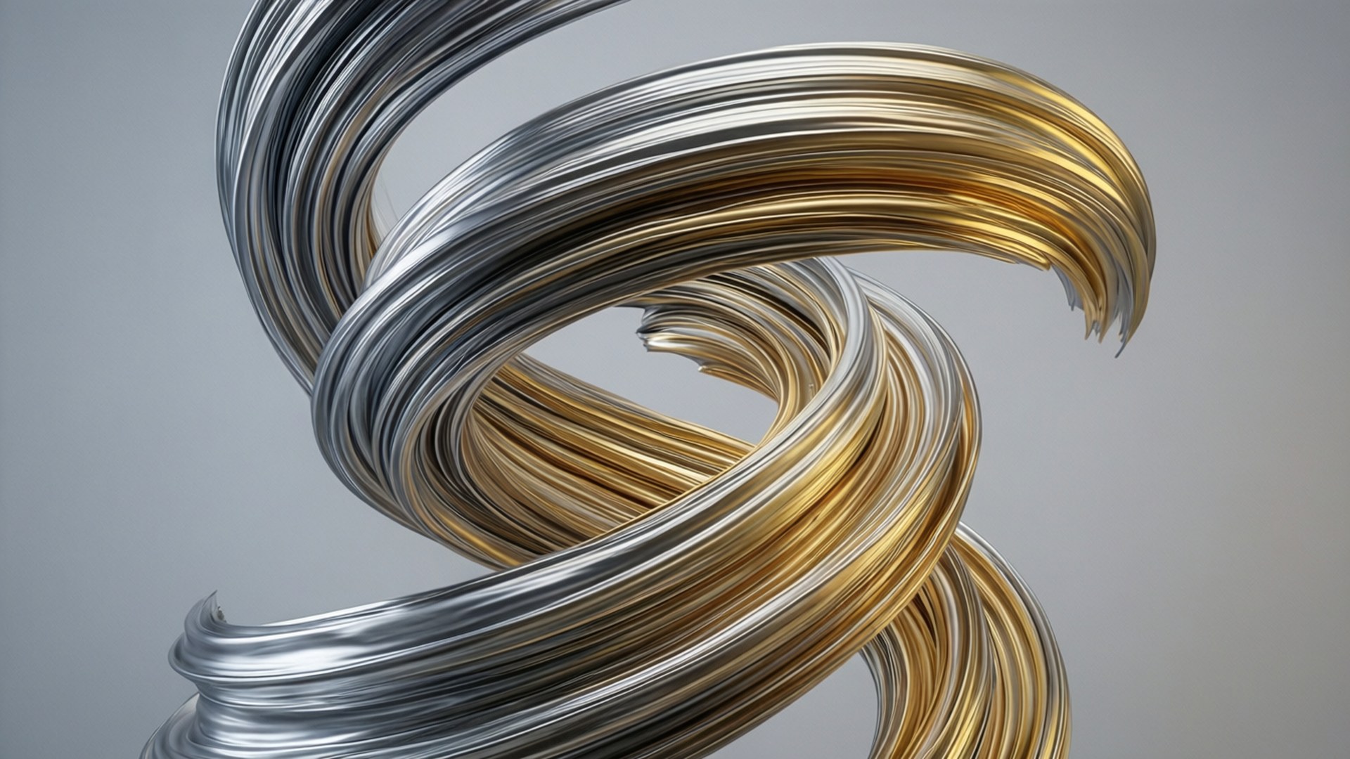 Chrome Ribbon Twist 壁紙 — 金色和銀色的螺旋金屬絲帶在灰色中性背景上動態扭轉。