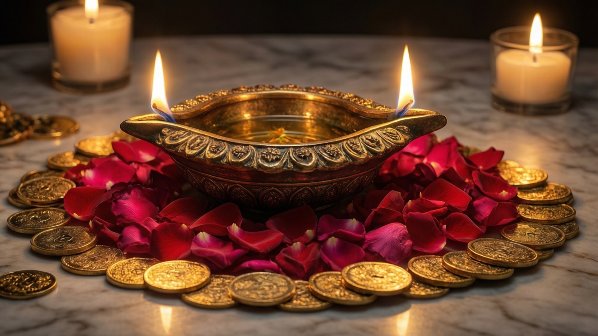 Opulent Diwali Decoration 壁紙 — 一個金色華麗的油燈，有兩個火焰，放在大理石表面上的紅玫瑰花瓣和金幣床上，旁邊有三根點燃的蠟燭。
