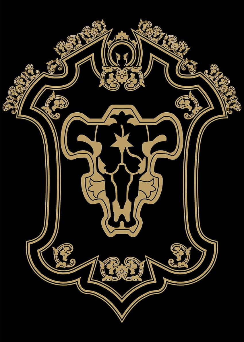  壁紙 — 一個華麗的金色紋章徽章，中心是一個風格化的公牛頭骨，周圍環繞著複雜的卷曲花紋，背景為純黑色。