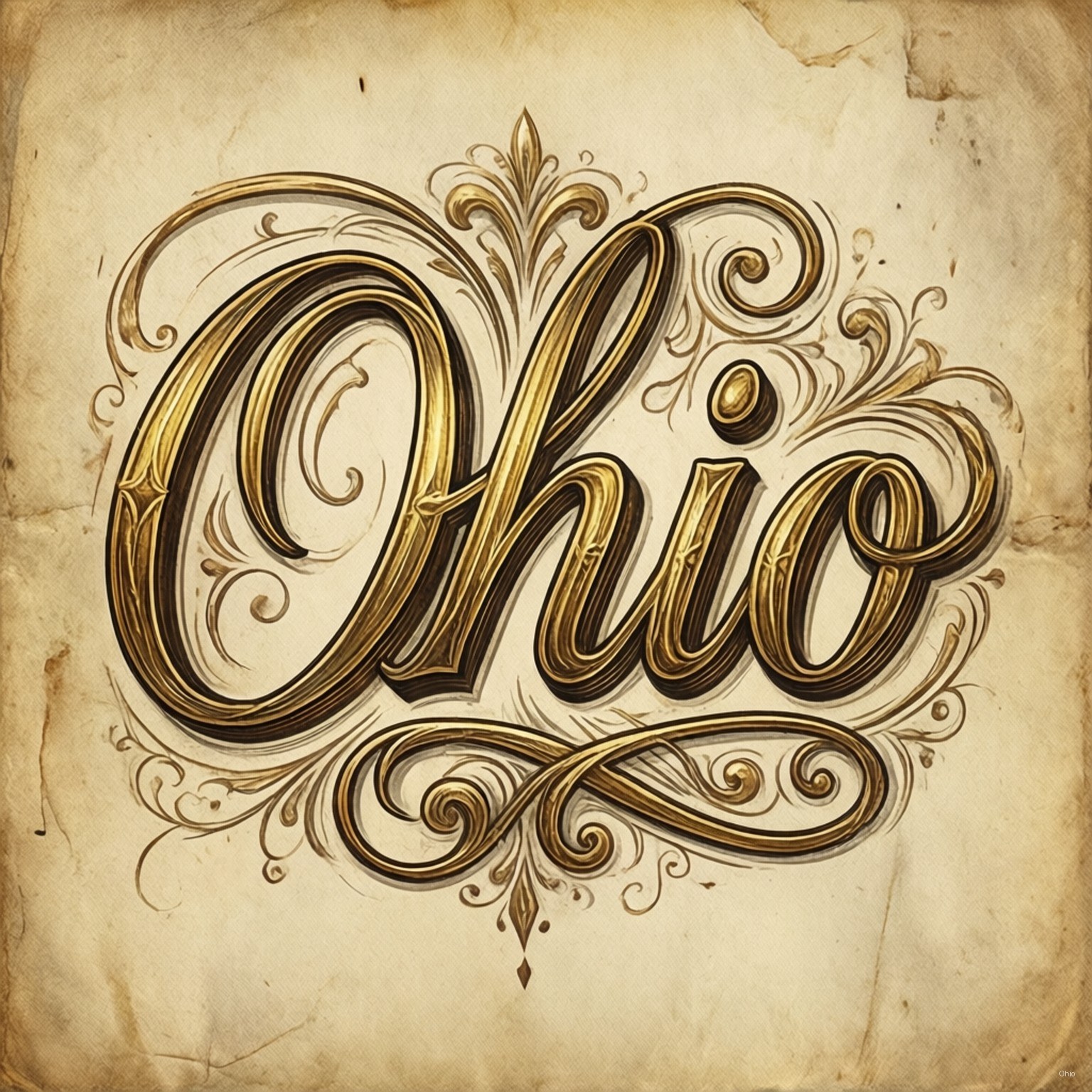 Vintage Script Ohio 壁紙 — 俄亥俄州這個詞以華麗的金色書法呈現，帶有複雜的漩渦和花飾，背景是質感陳舊的羊皮紙。