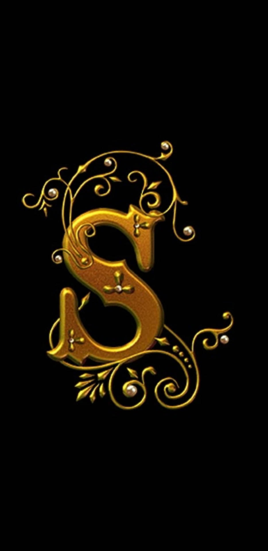 金色華麗字母S，藤蔓和珍珠，黑色背景 — 字母 S 壁紙