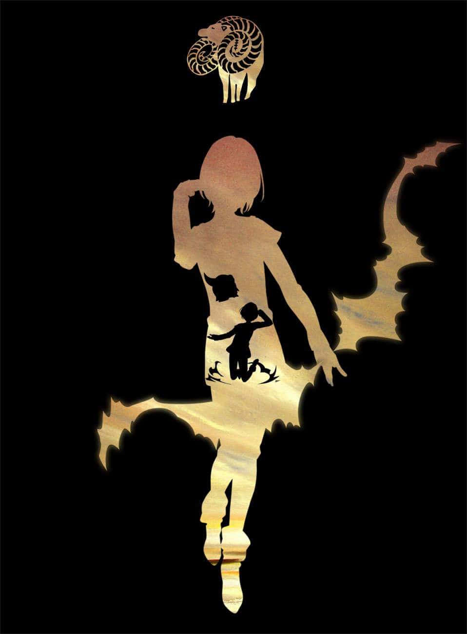 Seven Deadly Sins Gowther 桌布 壁紙 — 一個金色剪影的女孩，有蝙蝠翅膀和一隻公羊在她上方，背景為黑色。