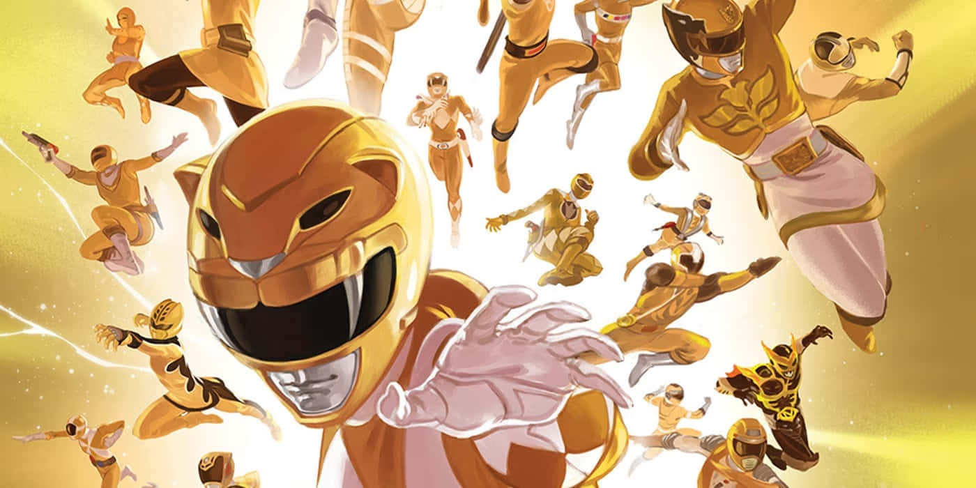  壁紙 — 一幅動態插圖，描繪多位金色金剛戰士在半空中擺出姿勢，背景是耀眼的黃色。