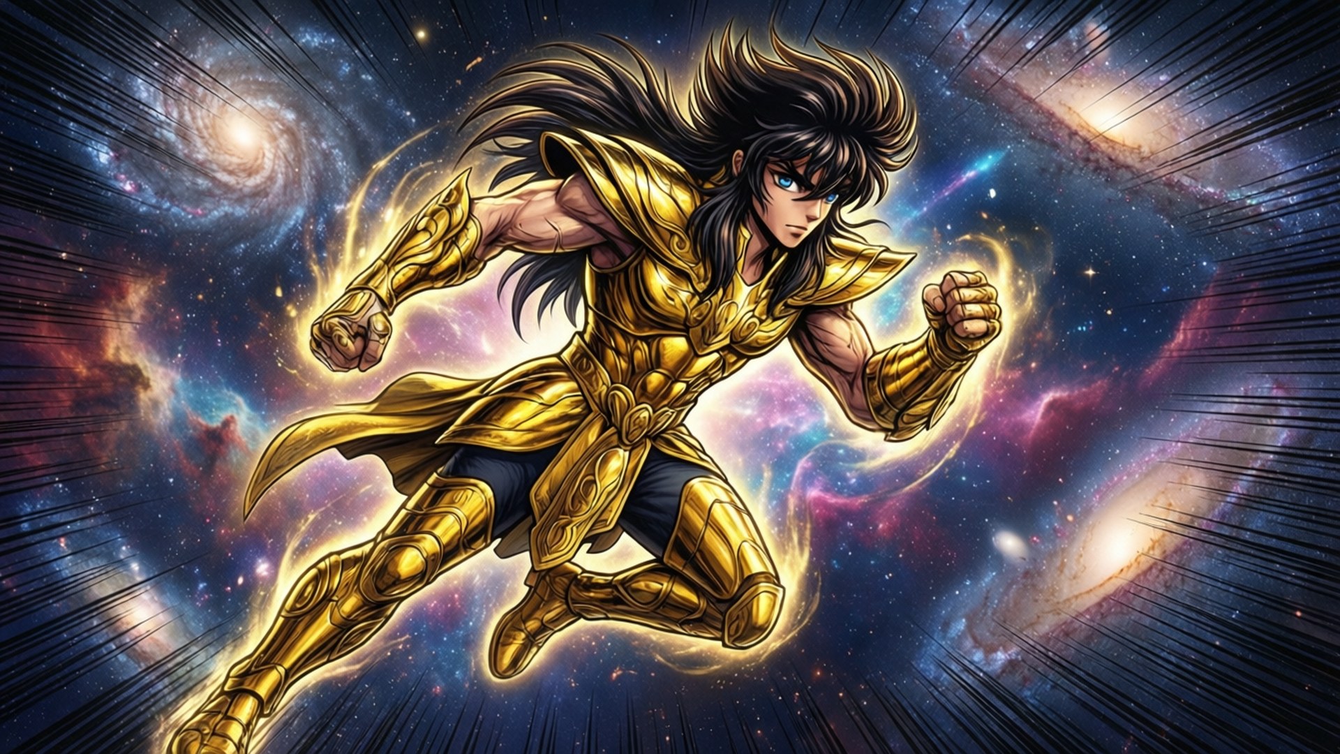 Leo Aiolia 桌布 壁紙 — 一位身穿金色盔甲、黑髮飄逸的戰士，衝過充滿旋轉星系和耀眼光跡的鮮豔宇宙星雲。