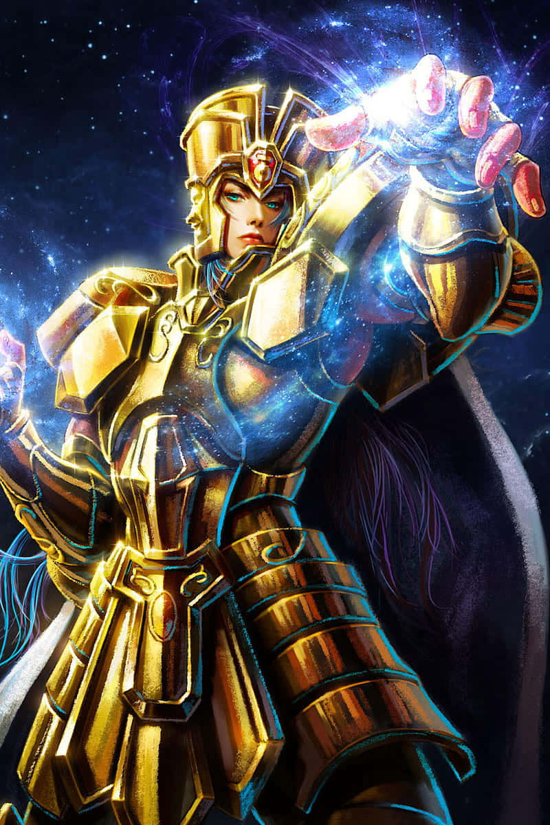  壁紙 — 一名身穿金色盔甲的戰士，手中握著發光的藍色能量，站在星光宇宙背景前。