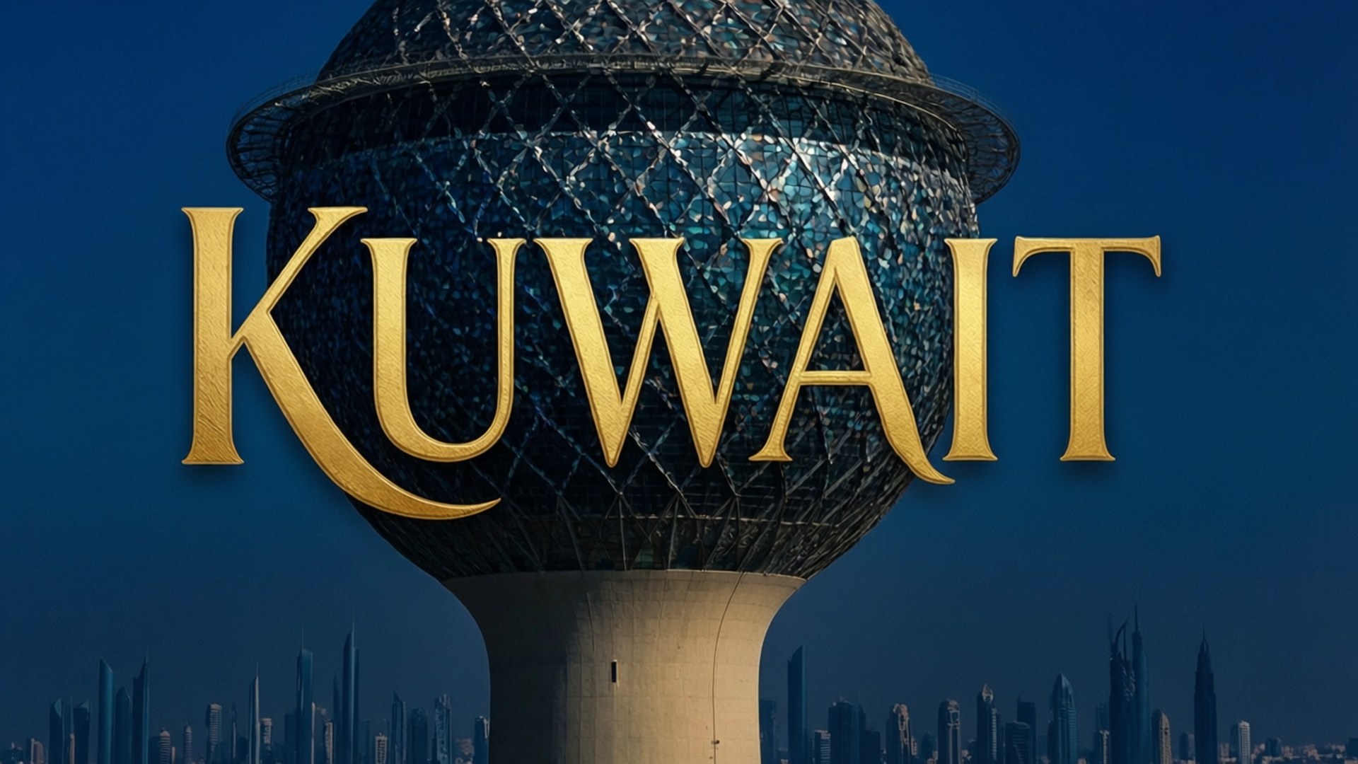 Kuwait Towers Typography 壁紙 — 金色的 'KUWAIT' 字母在標誌性的科威特塔前發光，背景是深藍色的暮色天空和城市天際線。