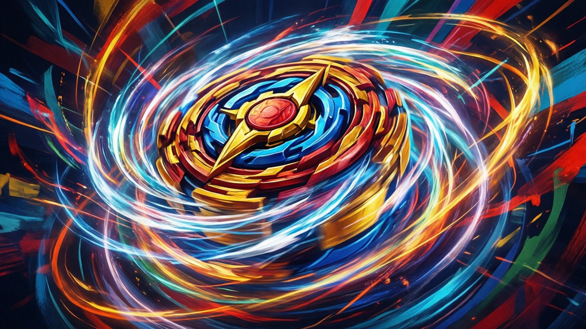 Burst Motion 壁紙 — 一個金色和藍色、中心紅色的陀螺在帶有霓虹光軌的深色背景上動態旋轉。