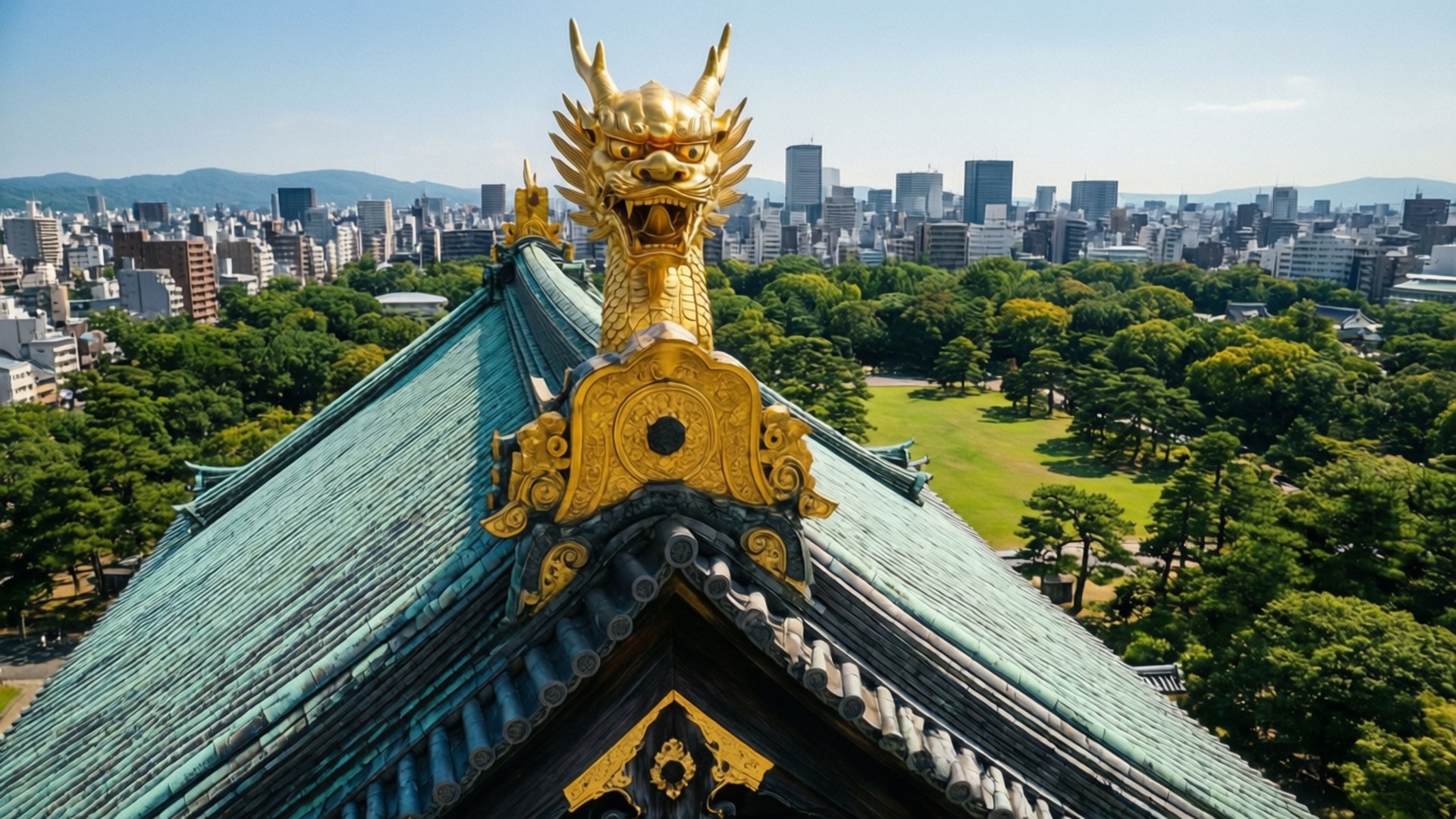Castle Golden Shachihoko 壁紙 — 金色龍形裝飾點綴在傳統日本寺廟屋頂上，俯瞰著鬱鬱蔥蔥的公園和現代城市景觀，在清澈的藍天下。
