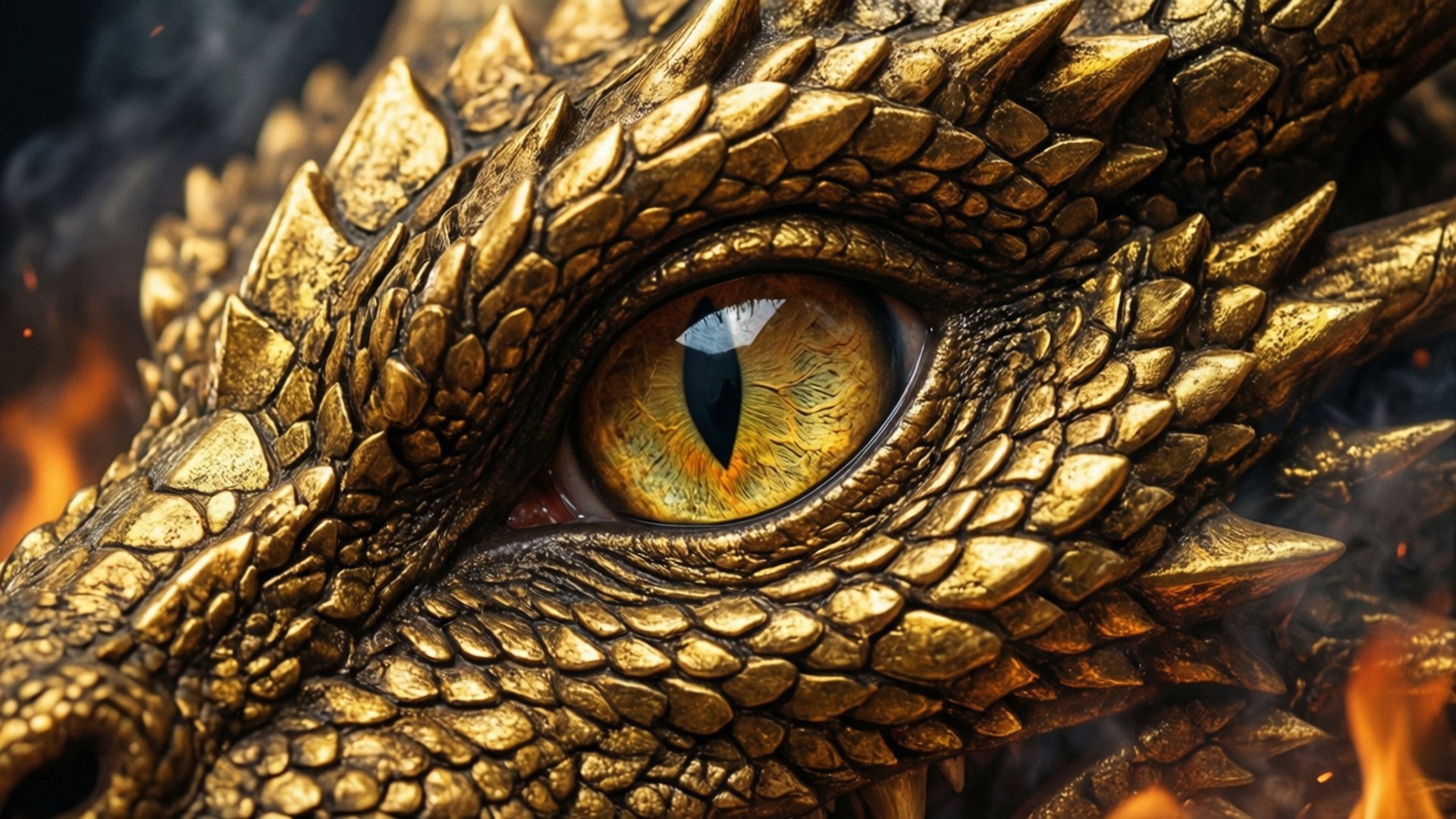 Gold Dragon 桌布 壁紙 — 金色龍眼的特寫，周圍環繞著熾熱的火焰和細緻的鱗片。