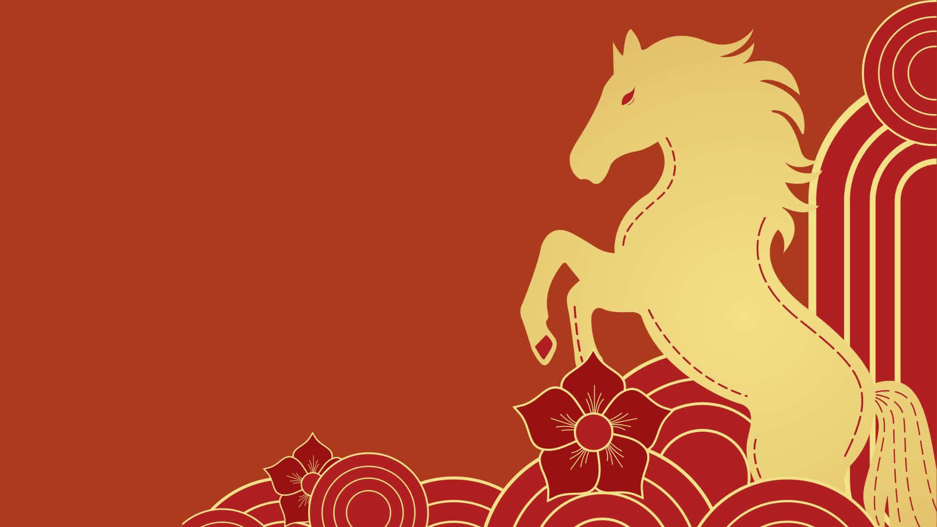  壁紙 — 一匹金色馬剪影傲然矗立在紅色花卉和波浪圖案之上，背景為深紅色。