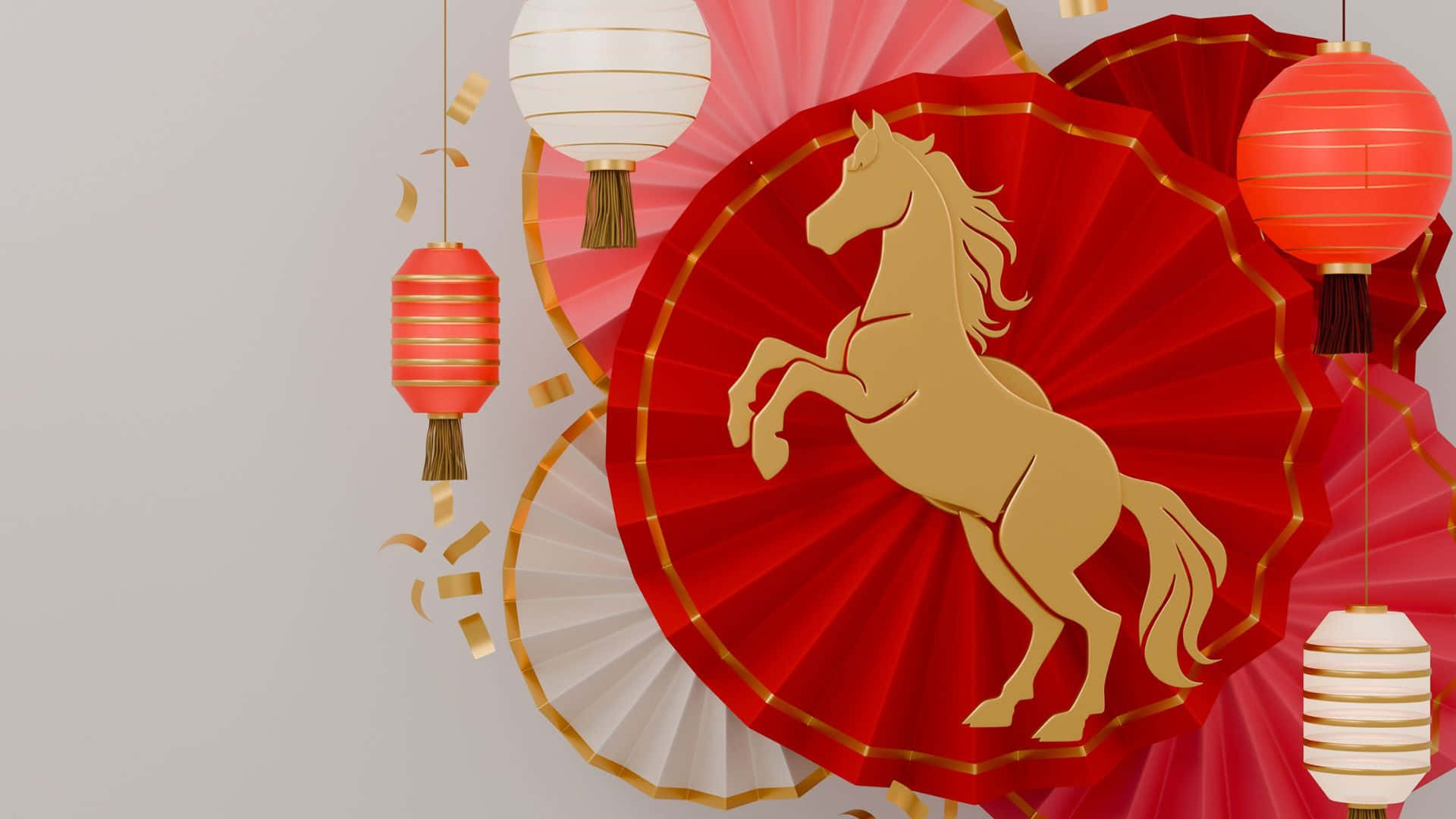  壁紙 — 金色馬匹剪影在紅色紙扇背景上動態跳躍，背景飾有懸掛的紅色和白色燈籠。