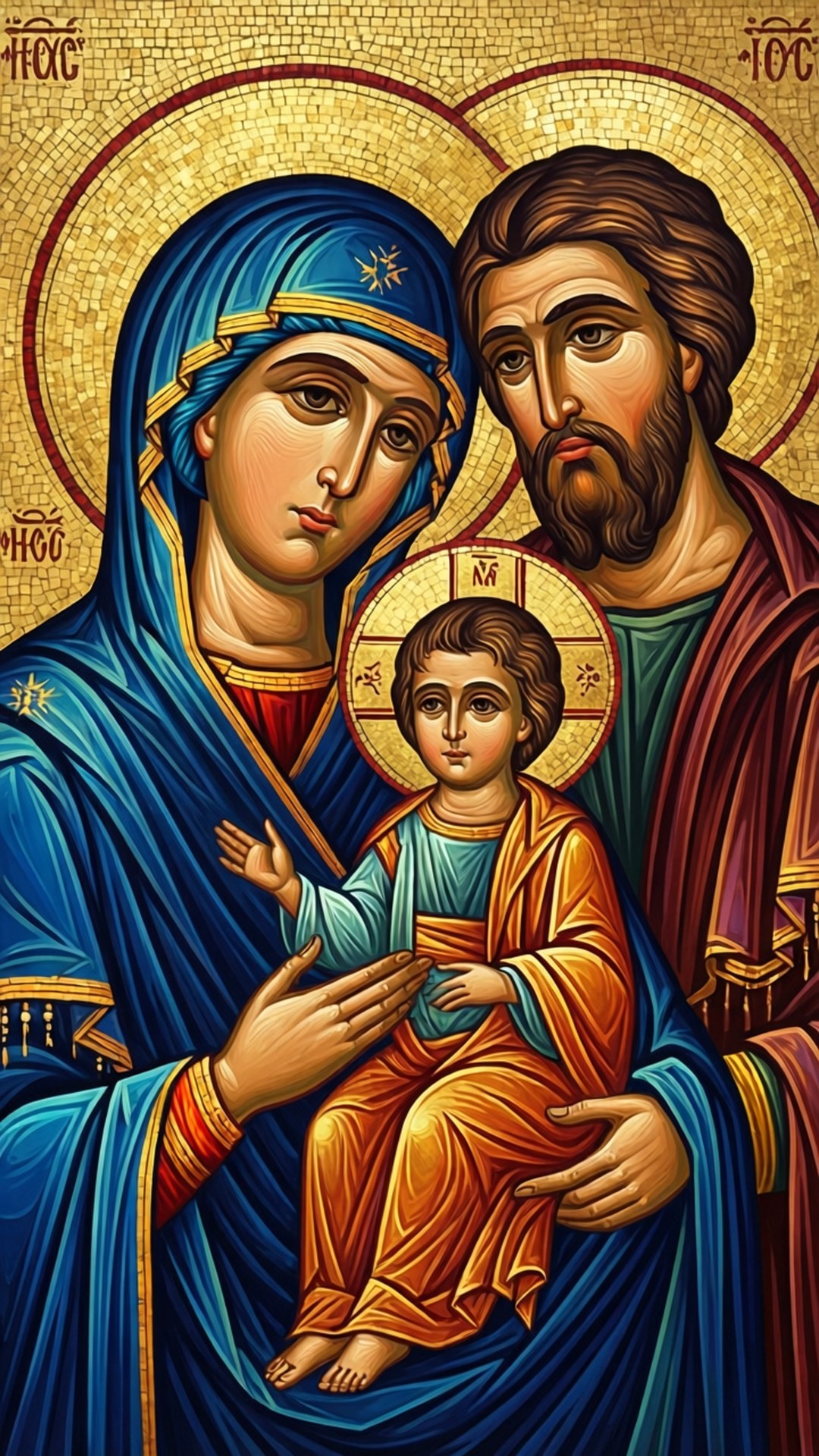 Icon of the Holy Family 壁紙 — 一個金色馬賽克風格的圖示描繪了聖家，瑪利亞身穿藍色抱著身穿橙色的耶穌，約瑟身穿栗色，所有人都有光環。