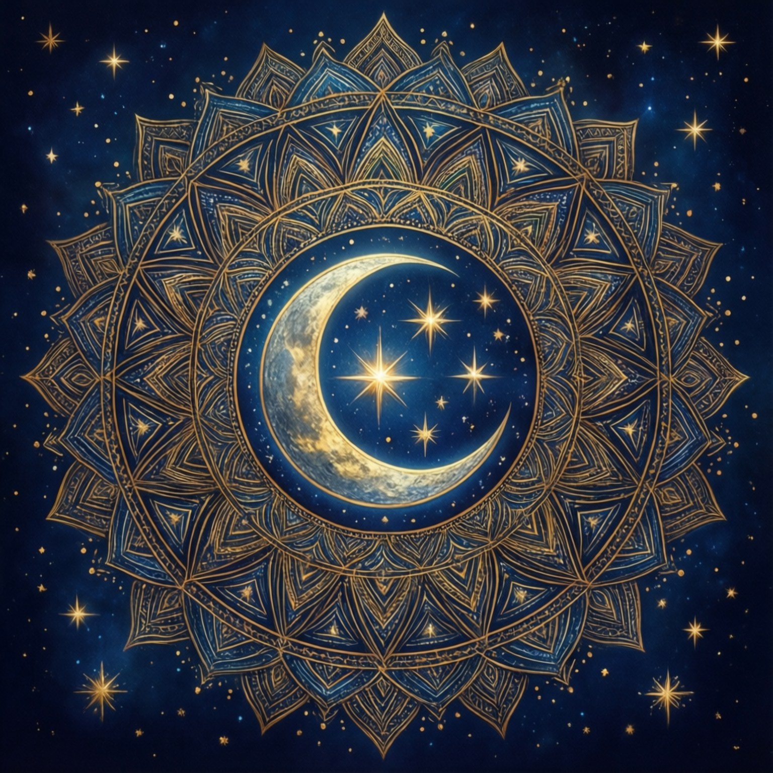 Mandala Moon Stars 壁紙 — 金色曼陀羅從新月和星星中散發出來，映襯著深藍色的宇宙夜空。