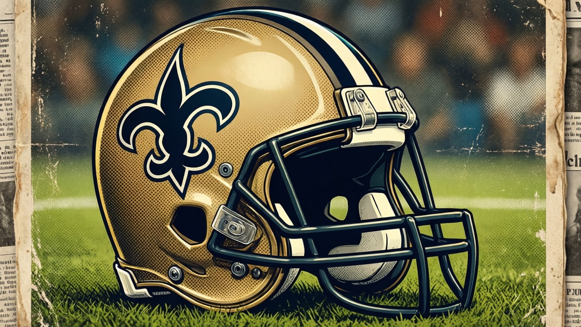 Retro Saints Football 壁紙 — 一個金色的紐奧良聖徒隊美式足球頭盔，帶有鳶尾花標誌，放在綠色草地上，周圍環繞著復古報紙剪報。