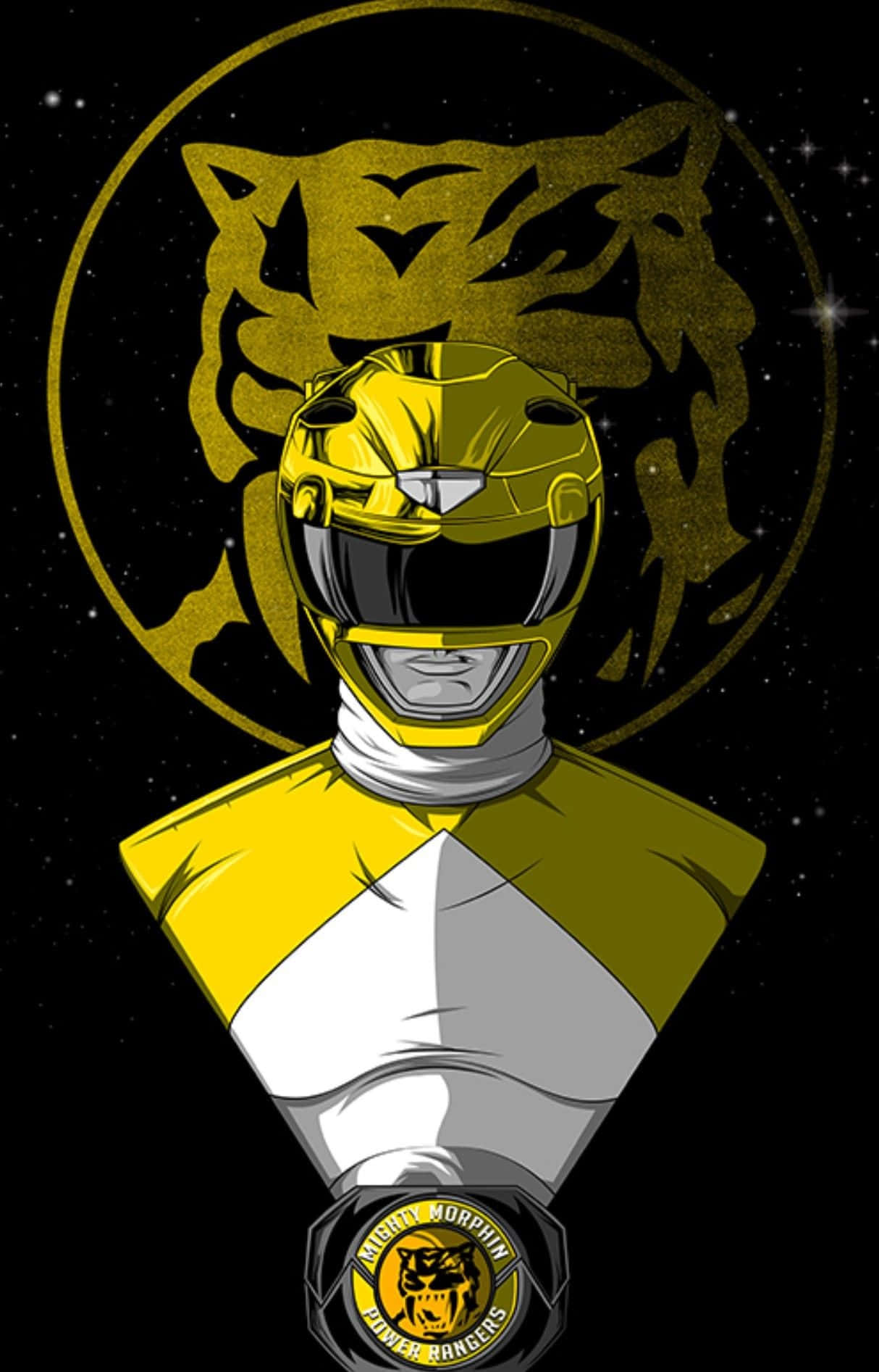  壁紙 — 一個金色的Power Ranger半身像，帶有老虎標誌，背景是繁星夜空。