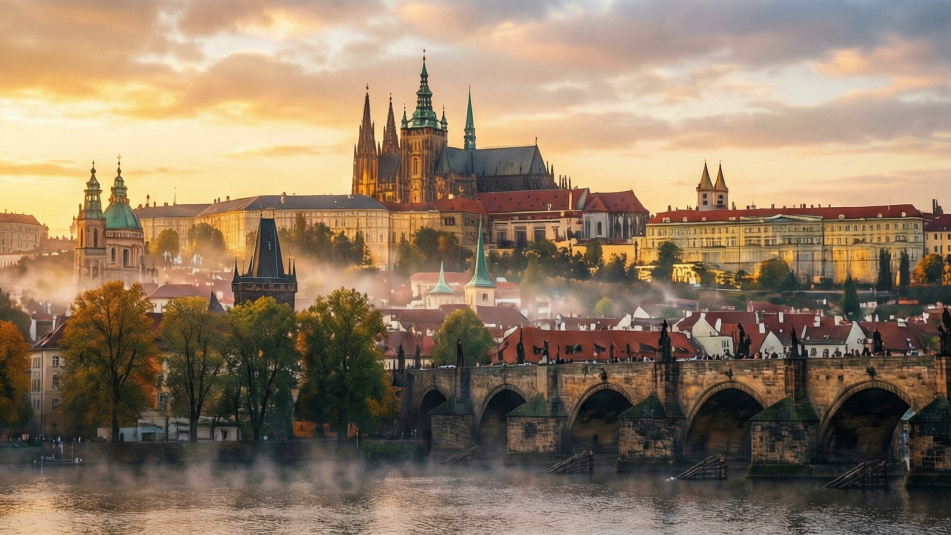 Prague Castle Dawn 壁紙 — 金色日出沐浴布拉格的歷史天際線，溫暖的光線中，霧氣在伏爾塔瓦河和查理大橋上繚繞。