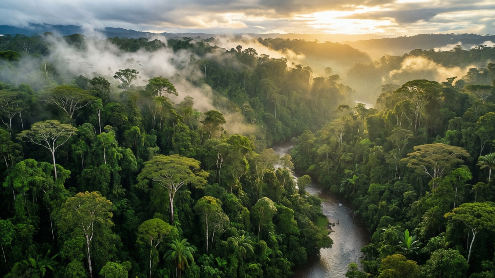 Misty Rainforest Canopy 壁紙 — 金色日出時，霧氣繚繞的叢林河流蜿蜒穿過茂密綠色樹冠的鳥瞰圖。