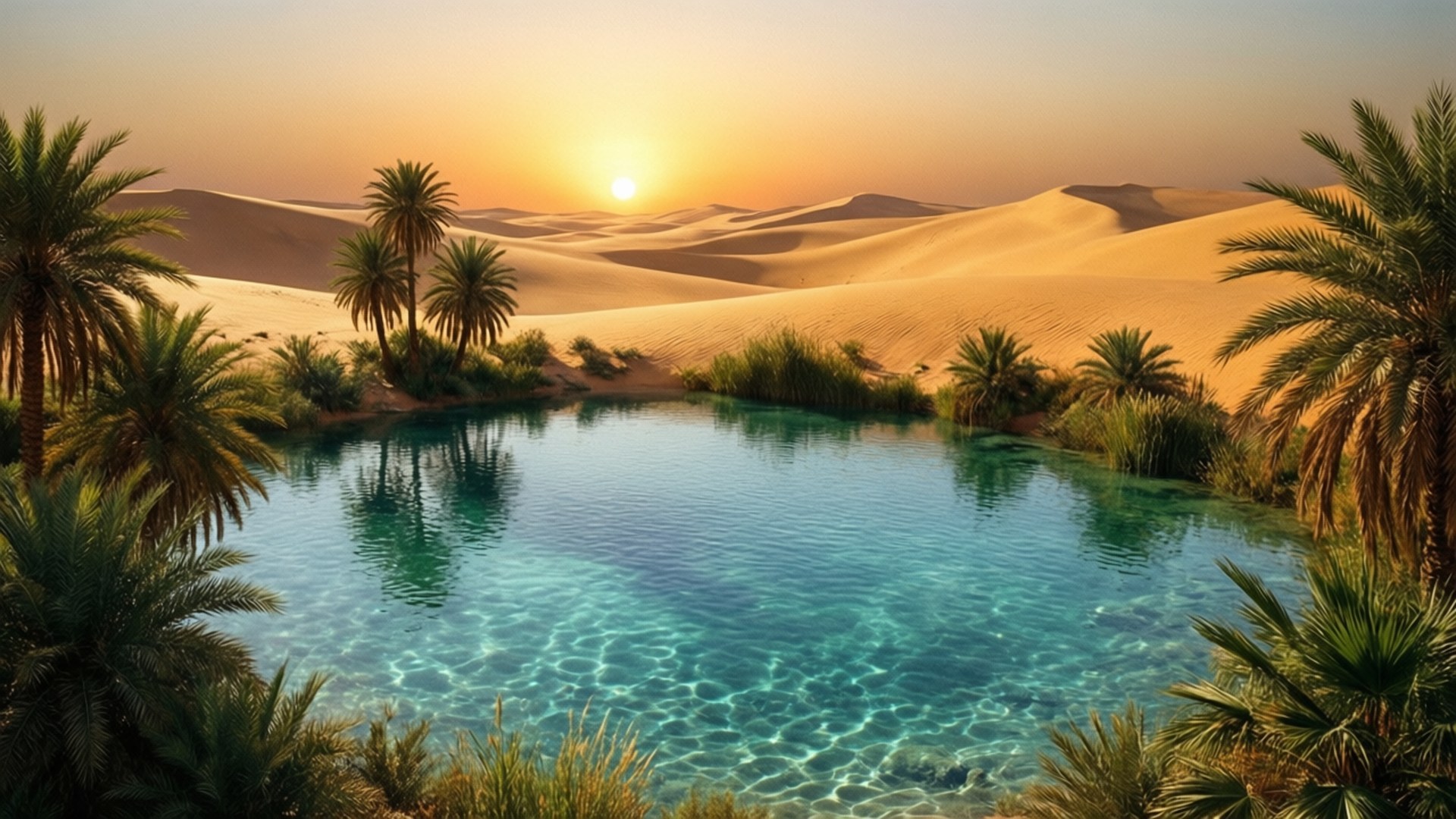 Epic Desert Oasis 壁紙 — 金色沙漠沙丘在日落時分升起在一個被茂密棕櫚樹環繞的綠松石色綠洲水池後面。