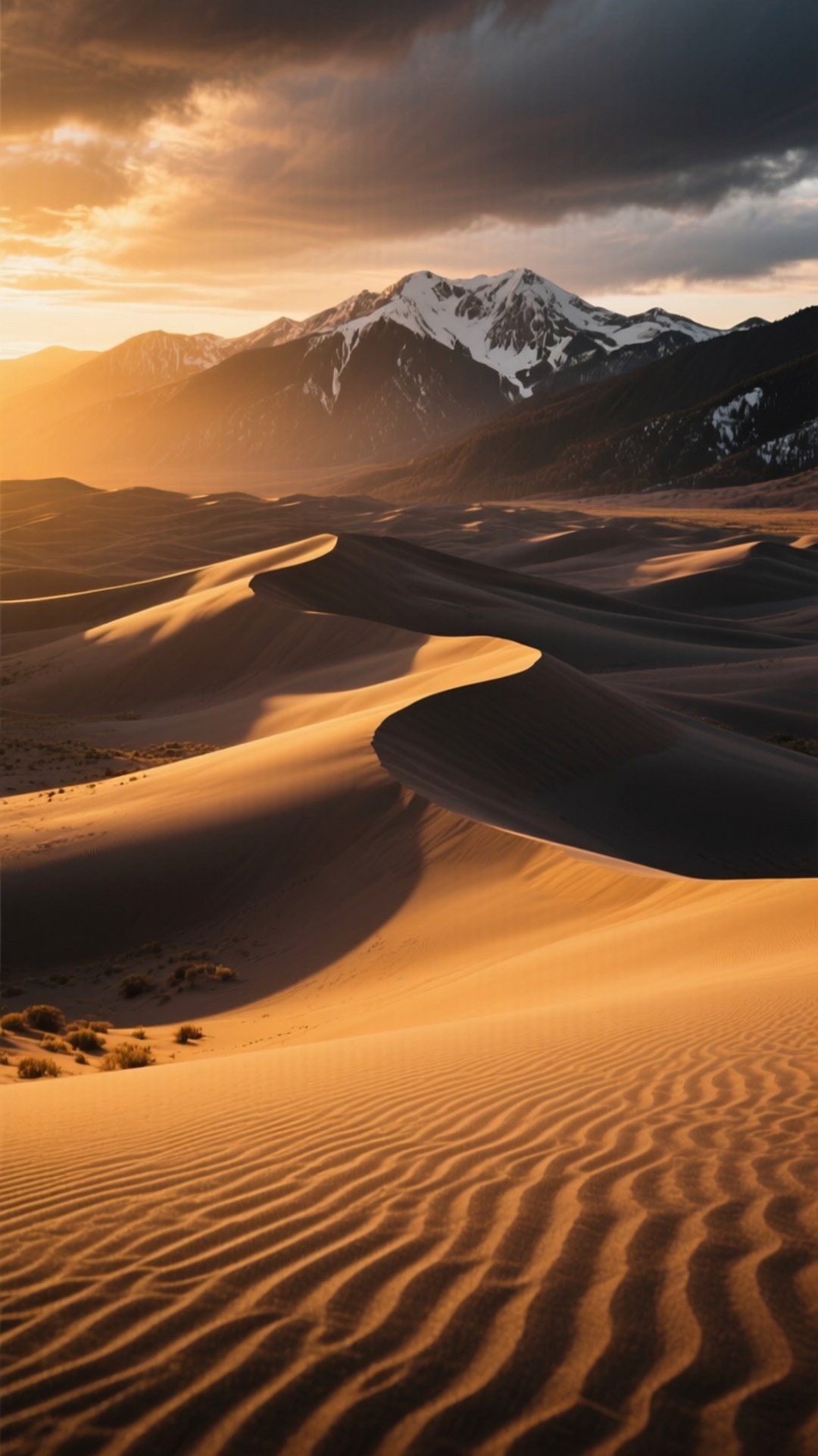 Great Sand Dunes Sunrise 壁紙 — 金色沙丘在溫暖的日落光線下起伏，遠處積雪覆蓋的山脈在戲劇性的雲層下聳立。