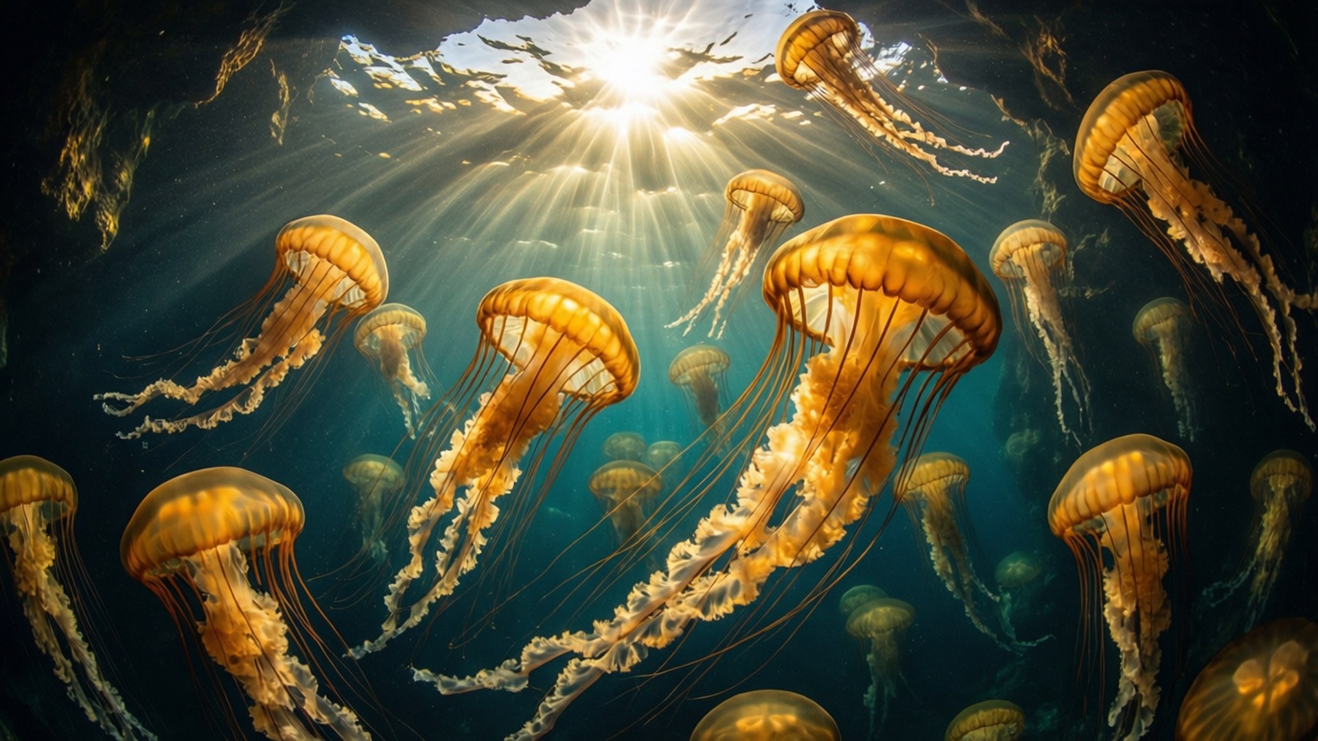 Golden Swarm Cave 壁紙 — 金色水母在深藍色海水中優雅地漂流，陽光從上方照射下來。