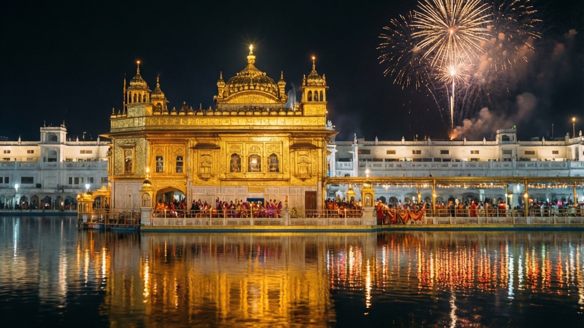 Golden Temple Diwali 壁紙 — 金色寺廟在夜晚被照亮，煙火在上方爆炸，其倒影在周圍的水中閃爍。