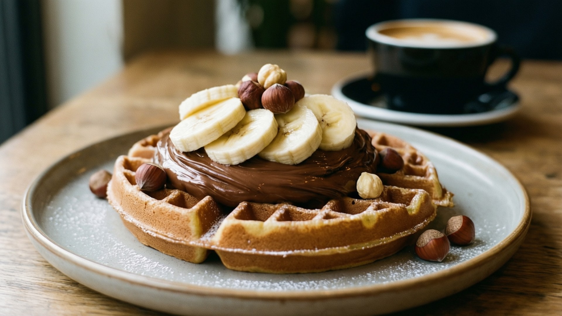 Nutella Banana Waffle 壁紙 — 金色鬆餅配上巧克力榛子醬、切片香蕉和整粒榛子，撒上糖粉，放在質樸的木桌上。