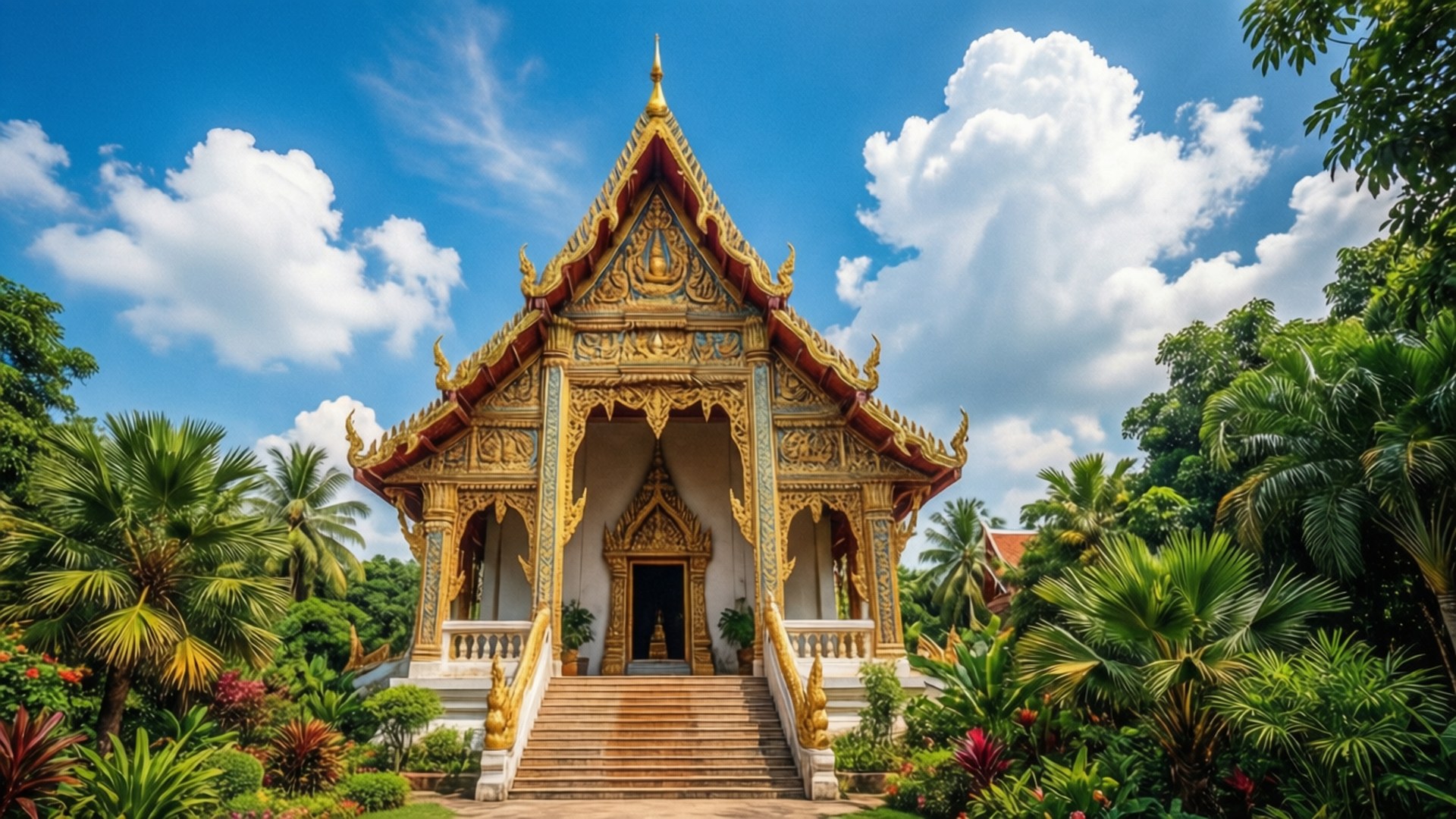 Golden Thai Temple 壁紙 — 一座金色泰國寺廟，雕刻精細，矗立在明亮的藍天下，有蓬鬆的白雲，周圍環繞著茂密的熱帶植物。