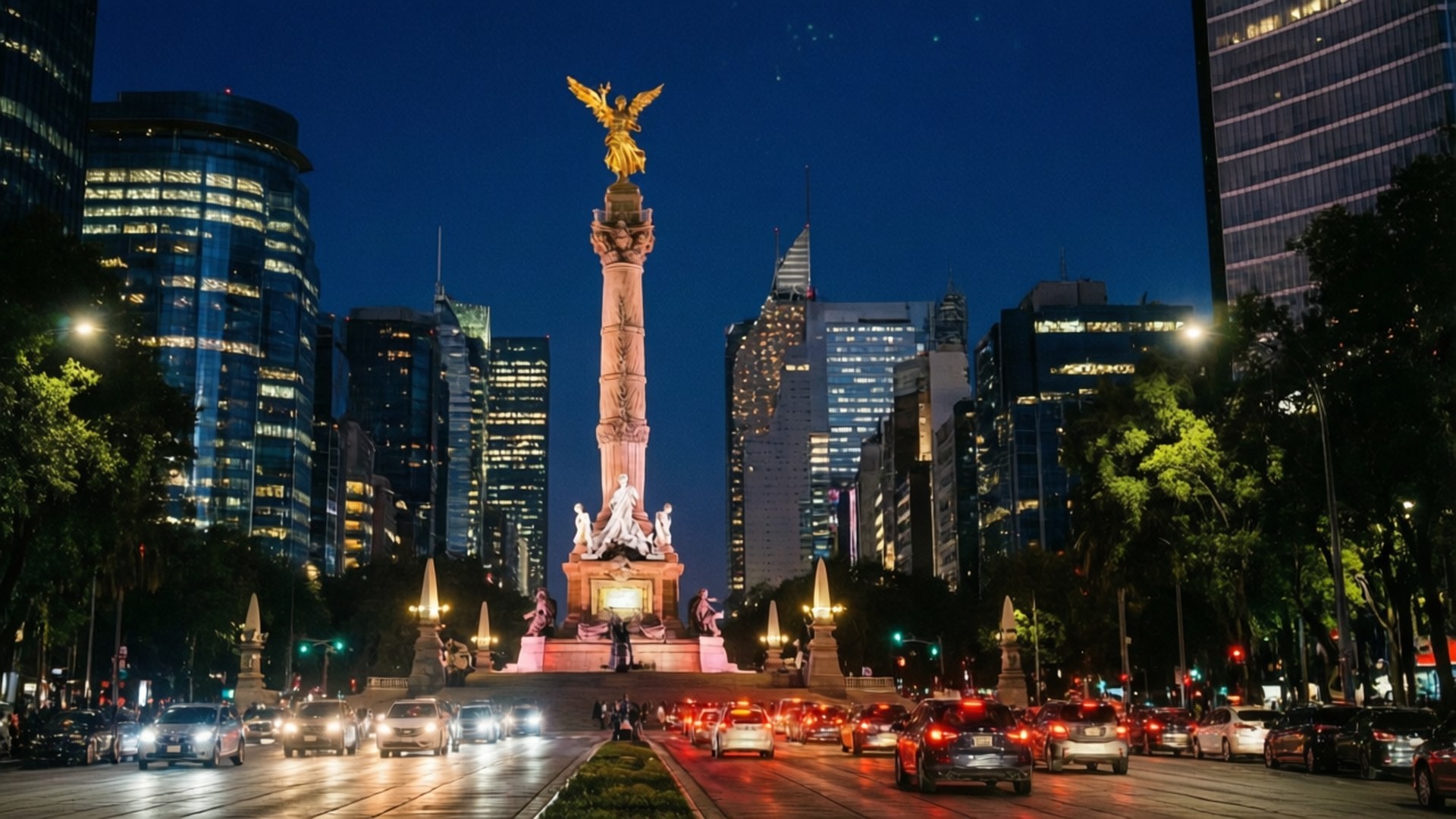 Mexico City Night Lights 壁紙 — 金色天使雕像在夜晚為高聳的紀念碑加冕，車流在發光的摩天大樓下流動。