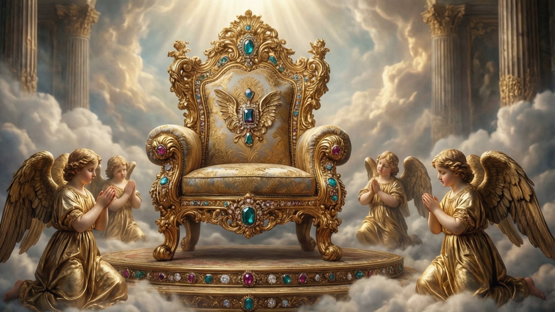 The Throne of Heaven 壁紙 — 金色天使在雲端和古老柱子之間漂浮的寶石王座前跪拜祈禱。