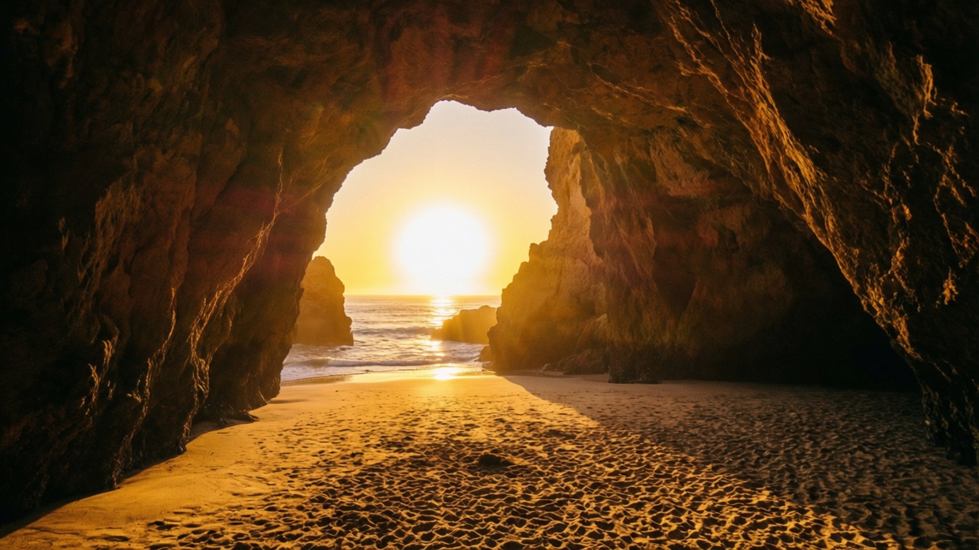 Cave Frame Sunset 壁紙 — 金色夕陽穿過天然岩石拱門，映襯著沙灘和海浪。
