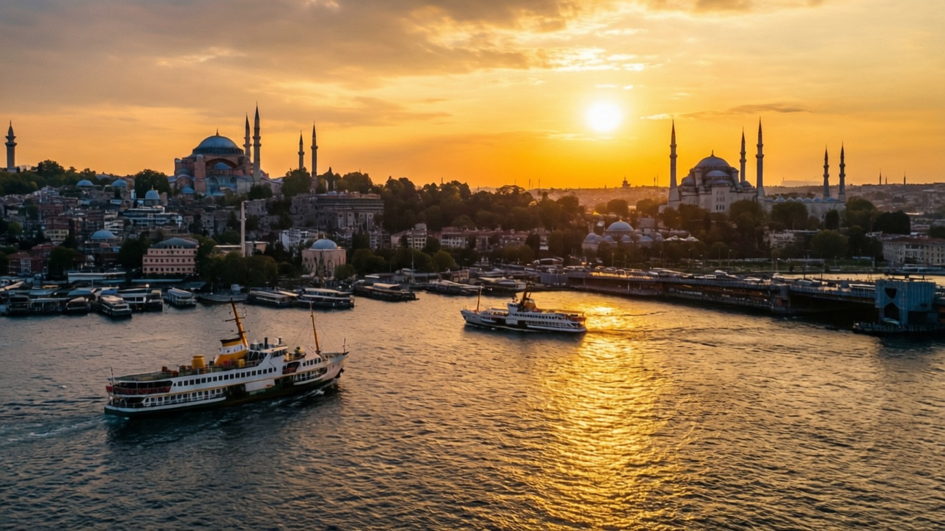 Istanbul Golden Sunset 壁紙 — 金色夕陽沐浴伊斯坦堡的歷史天際線，圓頂和宣禮塔聳立，渡輪在閃爍的水面上滑行。