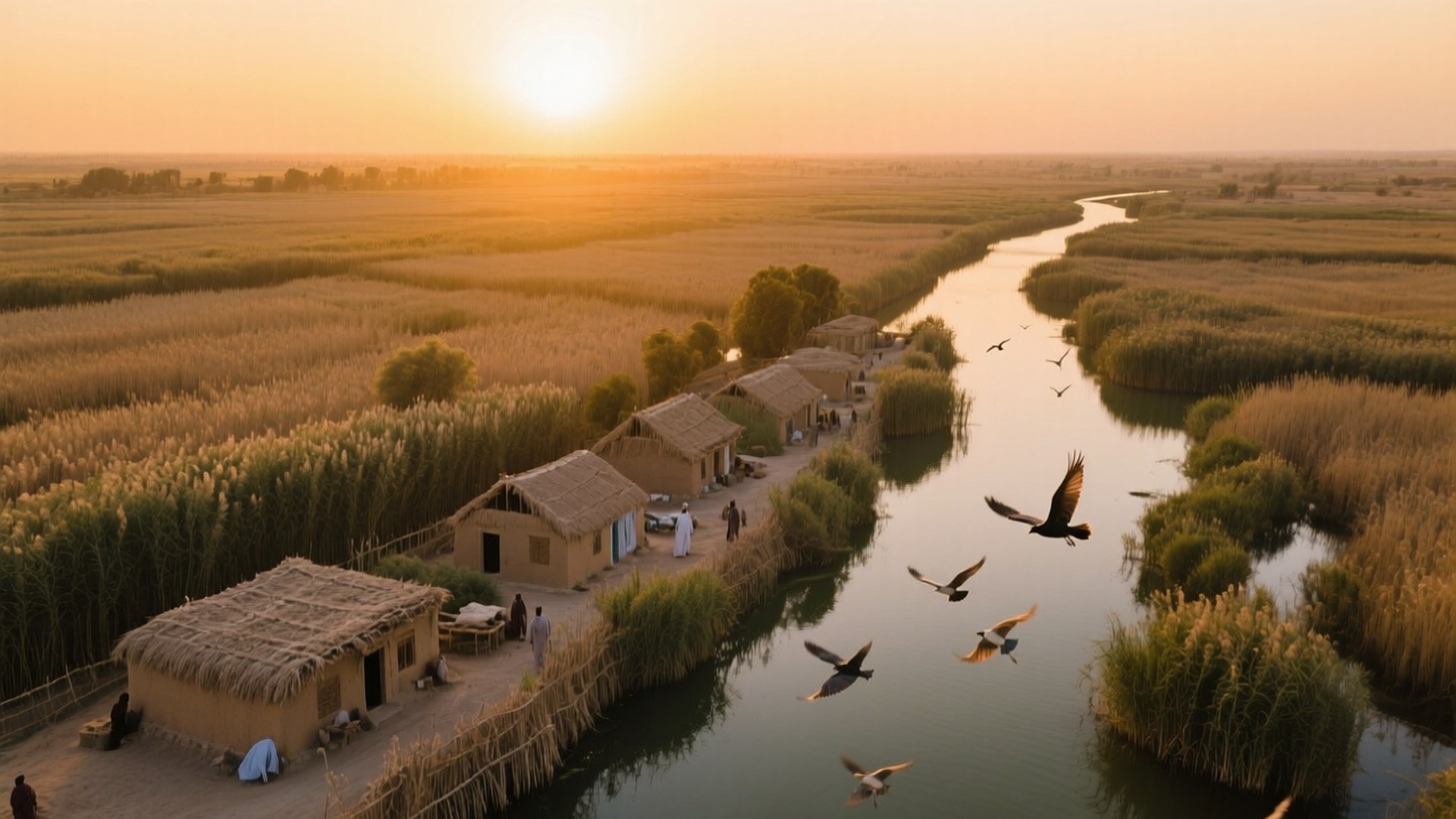 Iraqi Marshes at Sunset 壁紙 — 金色夕陽下，蜿蜒河流兩旁排列著質樸茅草屋的鳥瞰圖，鳥兒在飛翔。
