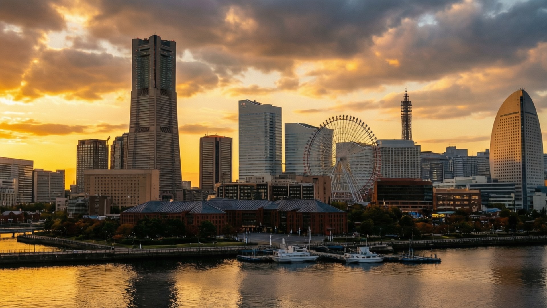 Yokohama Sunset Skyline 壁紙 — 金色夕陽以溫暖光線沐浴現代橫濱天際線，包括摩天輪和港口船隻。